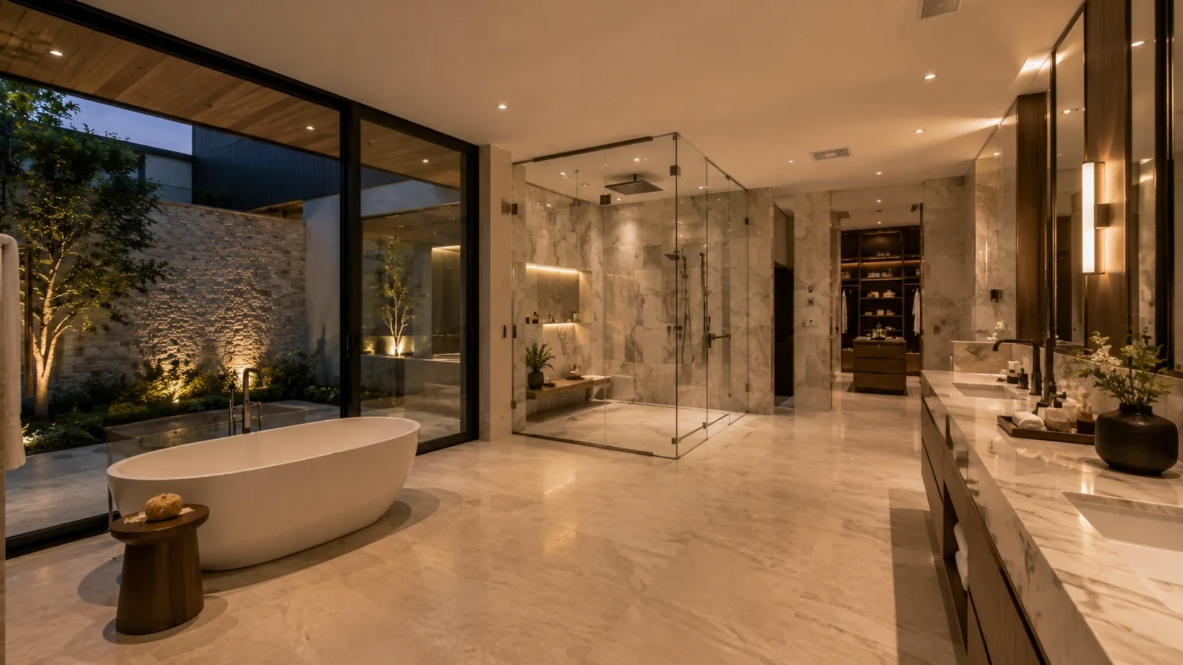 Marble spa bathroom with freestanding tub and glass shower opening to a private garden